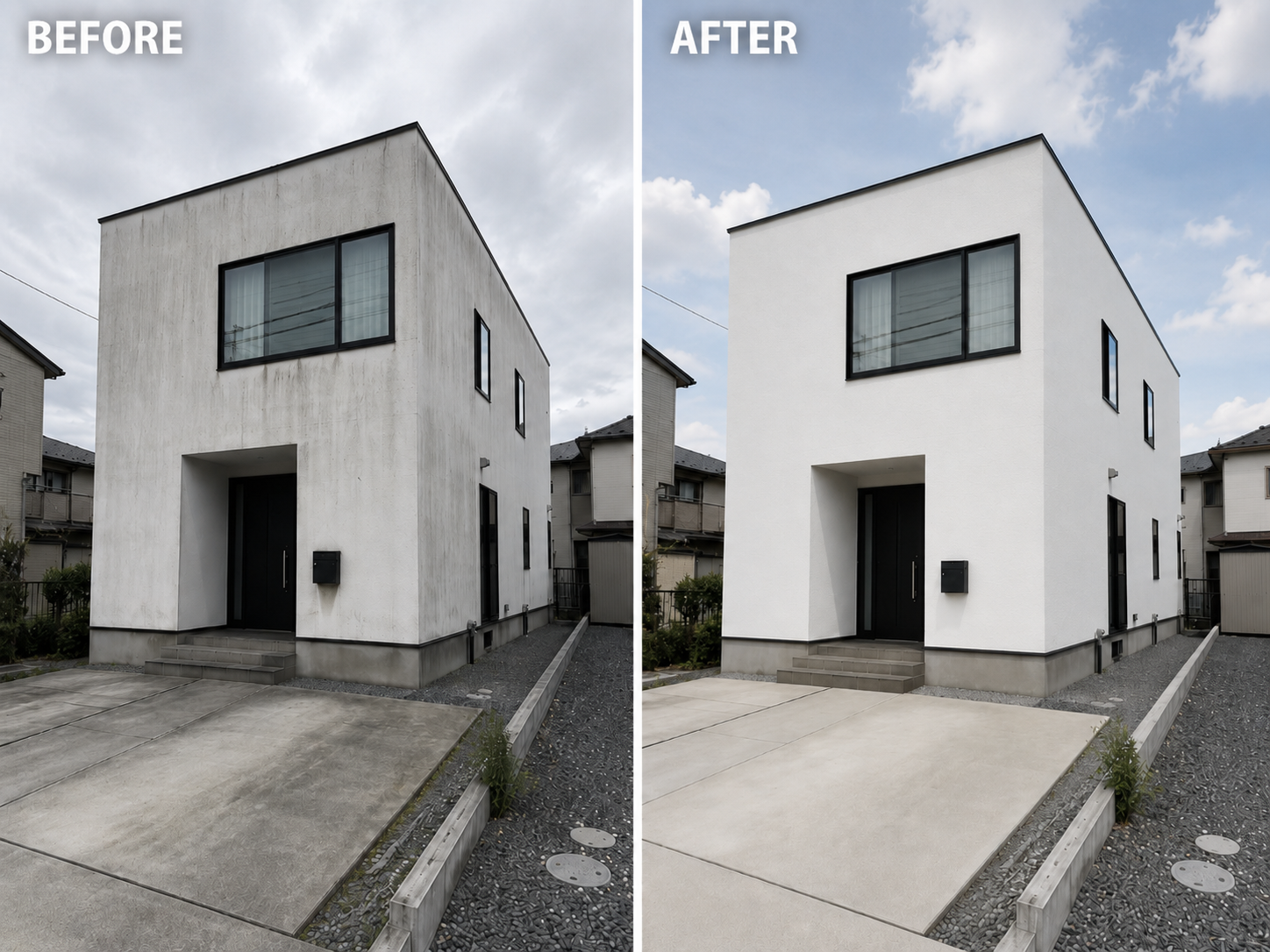 施工事例4：洗浄＋コーティング前後の外壁（白いキューブ型住宅）